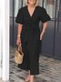 Femmes Plain Noir Col V Confortable à Lacets Robe Maxi Décontracté