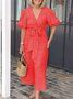 Femmes Plain Noir Col V Confortable à Lacets Robe Maxi Décontracté