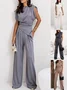 Deux Pièces Ensembles Femmes Habillé Plain Été Polyester Micro-élasticité Coupe Régulière Irrégulier Artisanat Top Avec Pantalons Droit