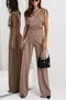 Deux Pièces Ensembles Femmes Habillé Plain Été Polyester Micro-élasticité Coupe Régulière Irrégulier Artisanat Top Avec Pantalons Droit