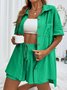Deux Pièces Ensembles Femmes Simple Plain Été Coton Couture de poche Naturel Manches Courtes Col Rond Droit