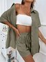 Deux Pièces Ensembles Femmes Simple Plain Été Coton Couture de poche Naturel Manches Courtes Col Rond Droit