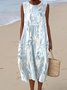 Femmes Feuille Bleu Col Rond Confortable Robe Maxi Décontracté