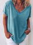 T-shirts Décontracté Plain Été Col V Jersey Manches Courtes Droit Régulier T.-N.-L. pour Femmes