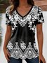 T-shirts Femmes Décontracté Ethnique Été Coton Col V Quotidien Manches Courtes Trapèze Régulier