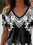 T-shirts Femmes Décontracté Ethnique Été Coton Col V Quotidien Manches Courtes Trapèze Régulier