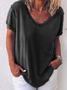 T-shirts Décontracté Plain Été Col V Jersey Manches Courtes Droit Régulier T.-N.-L. pour Femmes