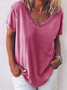 T-shirts Décontracté Plain Été Col V Jersey Manches Courtes Droit Régulier T.-N.-L. pour Femmes
