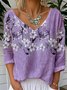 T-shirts Femmes Décontracté Floral Printemps / Automne Col V Léger Vacances Jersey Manches Longues Régulier