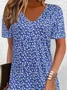 Femmes Floral Bleu Col V Confortable Imprimé Robe Mi-Longue Décontracté