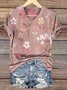 T-shirts Décontracté Floral Été Coton Col V Quotidien Coupe Régulière Manches Courtes Trapèze pour Femmes