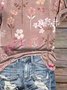 T-shirts Décontracté Floral Été Coton Col V Quotidien Coupe Régulière Manches Courtes Trapèze pour Femmes