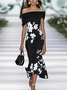 Femmes Floral Vert à Épaules Dénudées Confortable Imprimé Robe Maxi Rétro