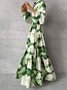 Femmes Floral Blanc-Vert Col V Confortable Robe Maxi Décontracté