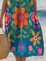 Femmes Floral Bleu Col Rond Confortable Robe Mi-Longue Décontracté