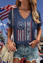 T-shirts Femmes Décontracté Été Drapeau des États-Unis Coton Col V Micro-élasticité Quotidien Coupe Régulière Régulier