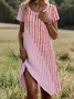 Femmes Rayé Rose Col Rond Confortable Robe Mi-Longue Rétro