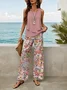 Deux Pièces Ensembles Décontracté Floral Été Imprimé Aucune élasticité Sans Manches Top Avec Pantalons Trapèze Régulier pour Femmes