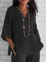 Blouses Décontracté Plain Été en Lin Col V Micro-élasticité Ample Régulier Trapèze pour Femmes