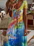 Femmes Abstrait Bleu Col V Confortable Imprimé Robe Maxi Décontracté