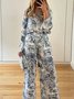 Deux Pièces Ensembles Femmes Vacances Plantes Printemps / Automne Coton Naturel Coupe Régulière Manches Longues Top Avec Pantalons Col de Chemise