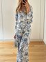 Deux Pièces Ensembles Femmes Vacances Plantes Printemps / Automne Coton Naturel Coupe Régulière Manches Longues Top Avec Pantalons Col de Chemise