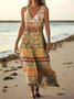 Femmes Floral Brun Col V Confortable Robe Maxi Décontracté