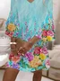 Femmes Floral Bleu Col V Confortable Imprimé Robe Maxi Décontracté