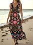 Femmes Floral Noir Col V Confortable Robe Maxi Décontracté