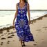 Femmes Floral Bleu Col V Confortable Robe Maxi Décontracté
