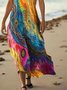 Femmes Multicolore Bloc Rouge Col V Confortable Robe Maxi Décontracté