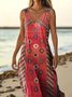 Femmes Floral Rouge Col V Confortable Robe Maxi Décontracté