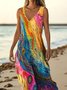 Femmes Multicolore Bloc Rouge Col V Confortable Robe Maxi Décontracté
