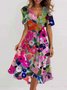 Femmes Floral Vert Col V Confortable Imprimé Robe Maxi Rétro