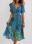 Femmes Floral Vert Col V Confortable Imprimé Robe Maxi Rétro