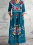 Femmes Floral Bleu Col Rond Confortable Robe Maxi Décontracté