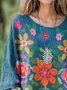 Chemises Rétro Floral Printemps / Automne en Lin Micro-élasticité Coupe Régulière Manches Longues Régulier Trapèze pour Femmes