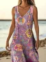 Femmes Floral Violet Col V Confortable Robe Maxi Décontracté