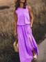 Femmes Plain Jaune Col Rond Confortable Joint Fendu Robe Maxi Rétro