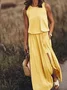 Femmes Plain Jaune Col Rond Confortable Joint Fendu Robe Maxi Rétro