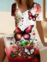 Femmes Floral Rouge Vineux Col V Confortable Imprimé Robe Mi-Longue Décontracté