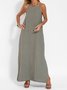 Femmes Plain Blanc Col Rond Confortable Joint Fendu Robe Maxi Rétro