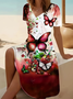 Femmes Floral Rouge Vineux Col V Confortable Imprimé Robe Mi-Longue Décontracté