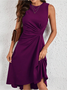 Femmes Plain Rouge Col Rond Confortable Joint Fendu Robe Mi-Longue Rétro