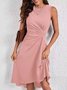 Femmes Plain Rouge Col Rond Confortable Joint Fendu Robe Mi-Longue Rétro