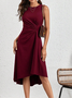 Femmes Plain Rouge Col Rond Confortable Joint Fendu Robe Mi-Longue Rétro