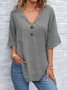 Blouses Simple Plain Été en Lin Col V Demi Manche Régulier Trapèze Régulier pour Femmes