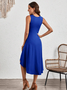 Femmes Plain Rouge Col Rond Confortable Joint Fendu Robe Mi-Longue Rétro