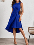 Femmes Plain Rouge Col Rond Confortable Joint Fendu Robe Mi-Longue Rétro