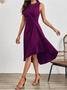 Femmes Plain Rouge Col Rond Confortable Joint Fendu Robe Mi-Longue Rétro